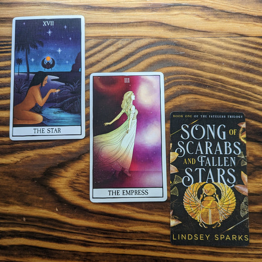 PAPERBACK: Song of Scarabs and Fallen Stars (Fateless Trilogy, #1) - Signed Paperback + 3 Tarot Cards