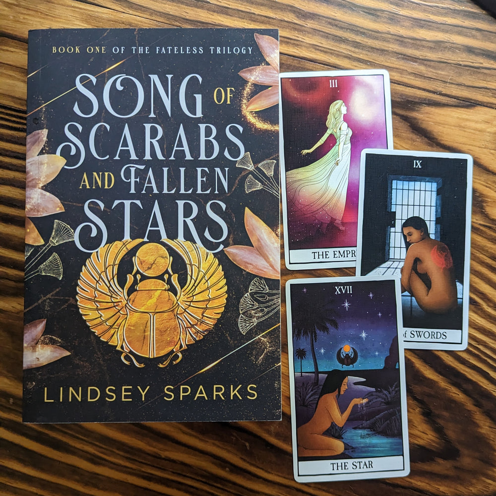 PAPERBACK: Song of Scarabs and Fallen Stars (Fateless Trilogy, #1) - Signed Paperback + 3 Tarot Cards